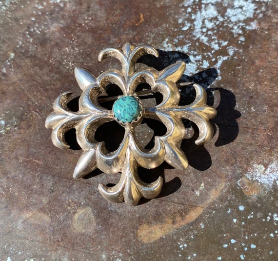 Navajo Sandcast Turquoise Sterling Silver Pin