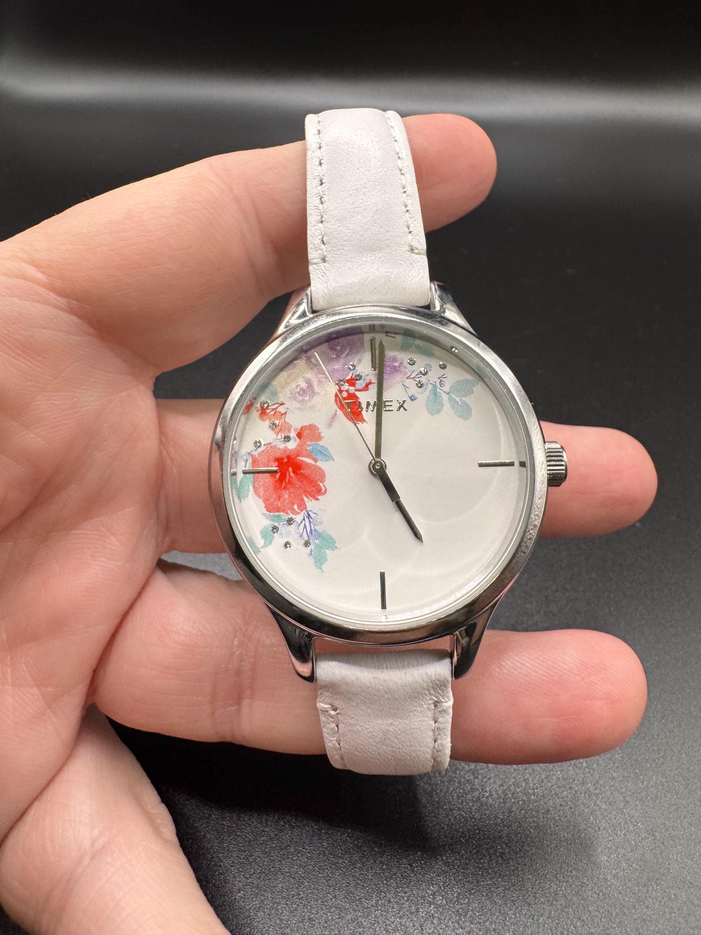 Timex Crystal Bloom Ladies Watch, Floral Dial, White Leather 