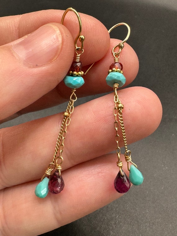 Gold vermeil Turquoise and Garnet Earrings - image 2