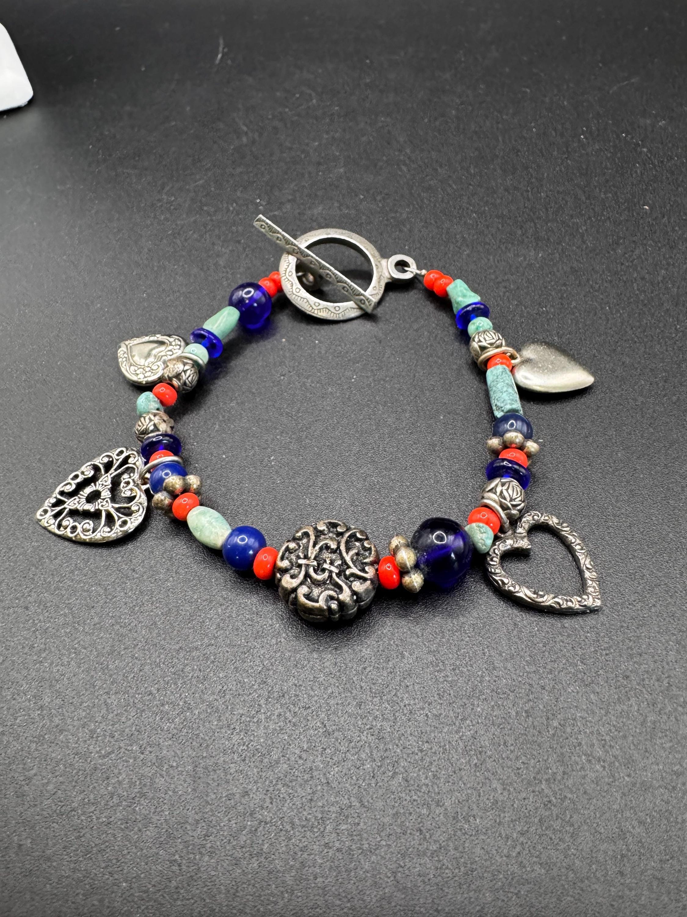 ターコイズハートチャーム ブレスレット サウスウェスタンターコイズミックスメタルハートチャームブレスレット