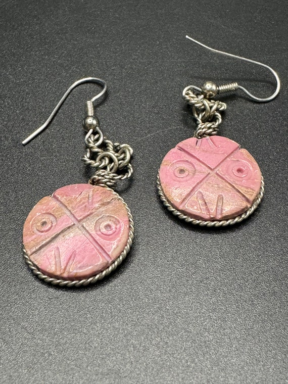 Carved Rhodonite Pink Silver Earrings - image 1