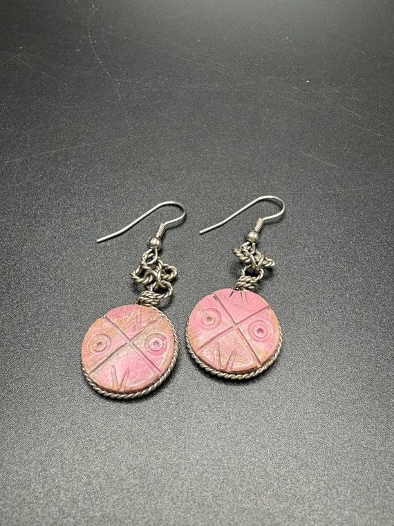 Carved Rhodonite Pink Silver Earrings - image 2