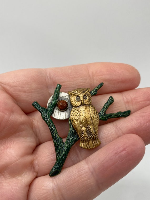 Vintage Owl Brass and Goldstone Brooch - image 4