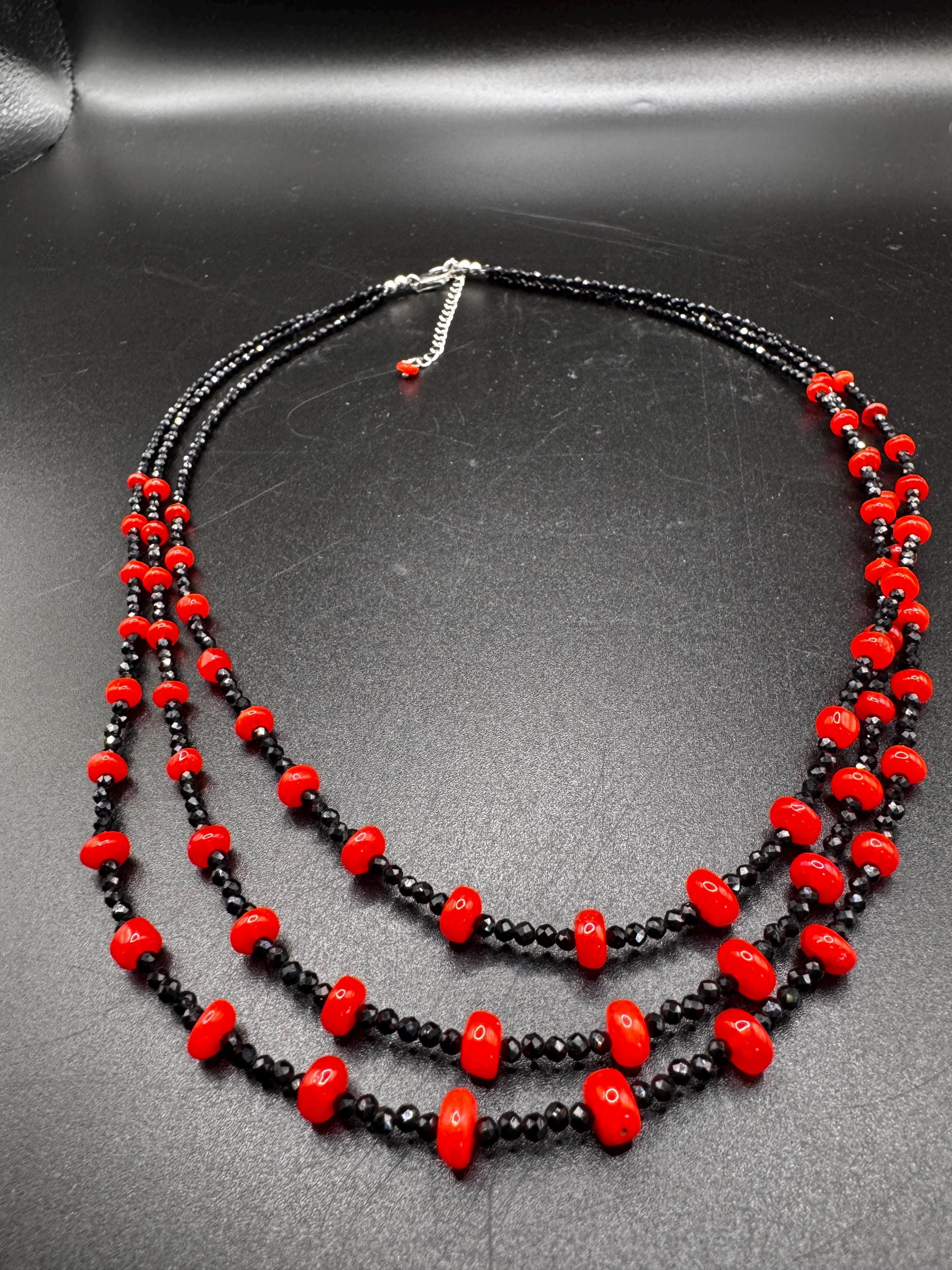 Triple Strand Faceted Spinel and Coral 925 Silver Necklace - Etsy 