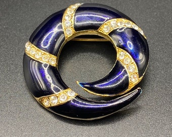 Dark Blue Enamel Rhinestone Swirl Brooch