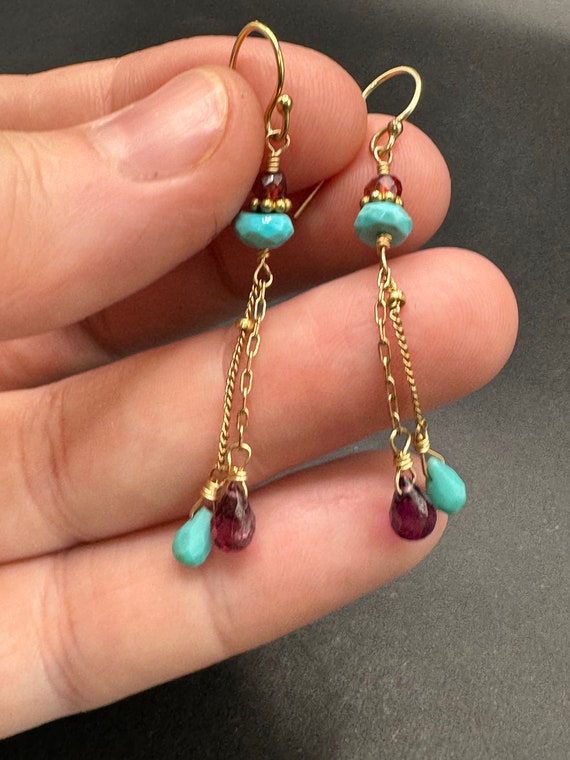 Gold vermeil Turquoise and Garnet Earrings - image 1