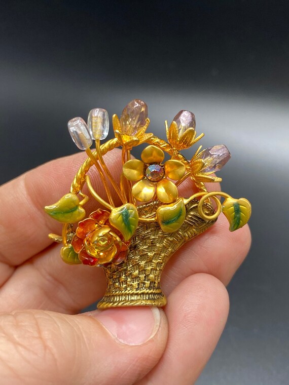 Broche Vintage Panier Fleurs - Perles De Verre, Métal Doré | Bijou Ancien élégant