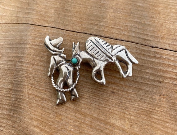 Vintage Turquoise Sterling Silver Donkey Brooch - image 1