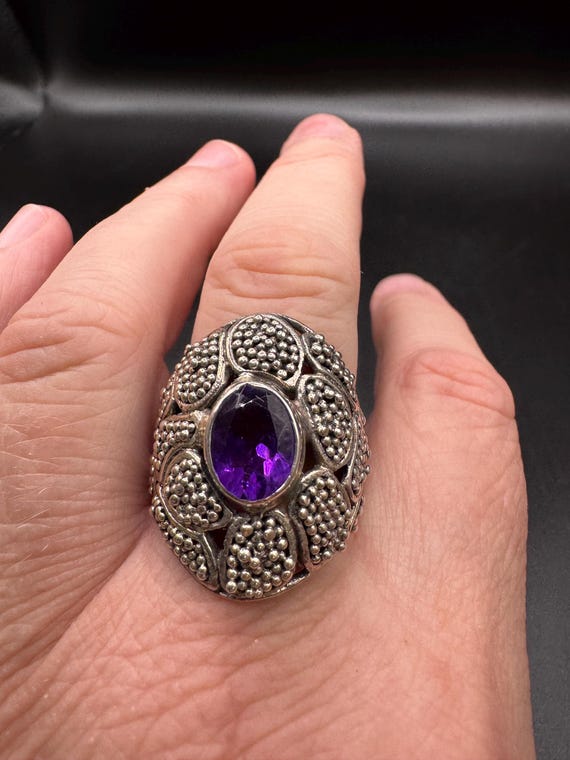 Chunky Sterling Silver Faceted Amethyst Ring View 2