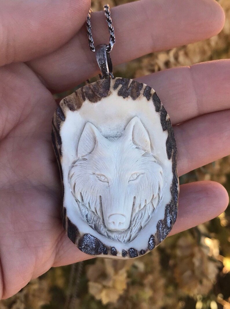 Wolf Necklace Carved Elk Horn Jewelry Wolf Pendant Etsy
