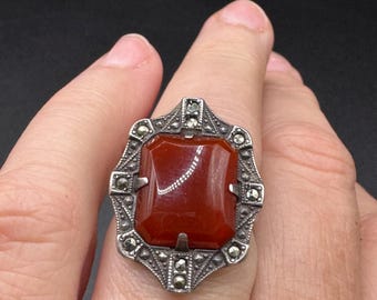 Antique Art Deco Carnelian Sterling Silver Marcasite Ring size 6
