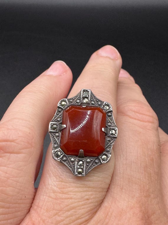 Bague ancienne Art déco en cornaline en argent sterling avec