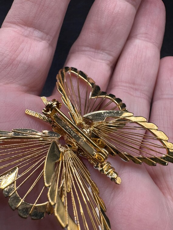 Monet Butterfly Brooch, Vintage Signed Rhinestone Butterfly Pin, Gold Tone View 5