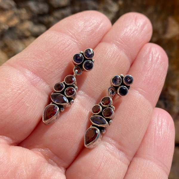 Faceted Garnet and Amethyst Sterling Silver Earrings