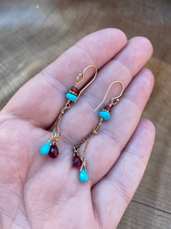 Gold vermeil Turquoise and Garnet Earrings - image 5