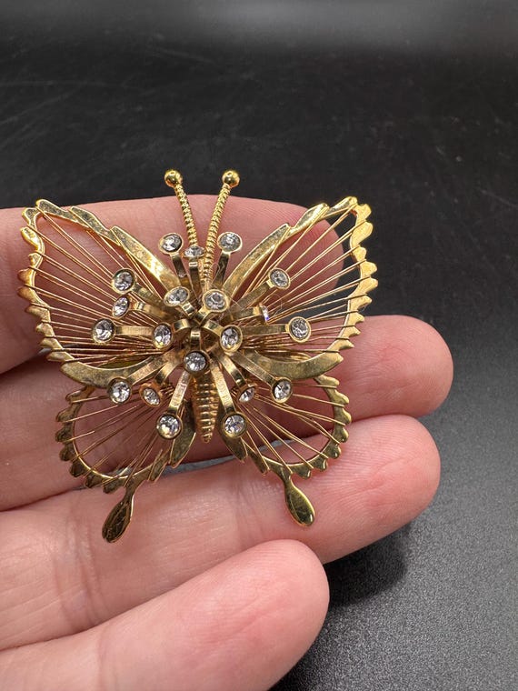 Monet Butterfly Brooch, Vintage Signed Rhinestone Butterfly Pin, Gold Tone View 3