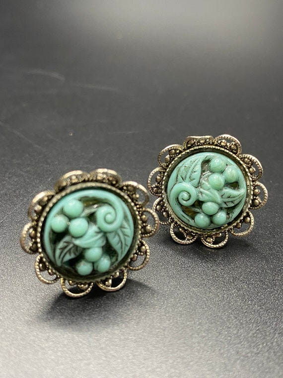 Vintage Carved Faux Turquoise Screw Back Earrings