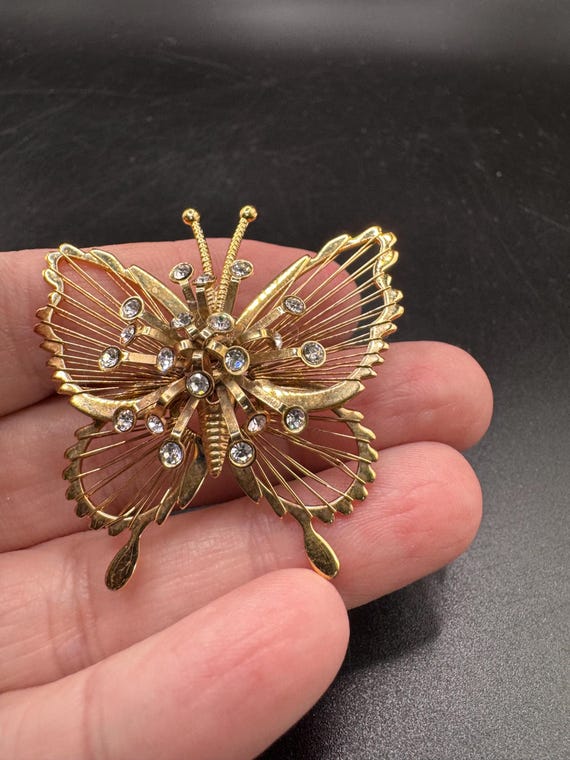 Monet Butterfly Brooch, Vintage Signed Rhinestone Butterfly Pin, Gold Tone