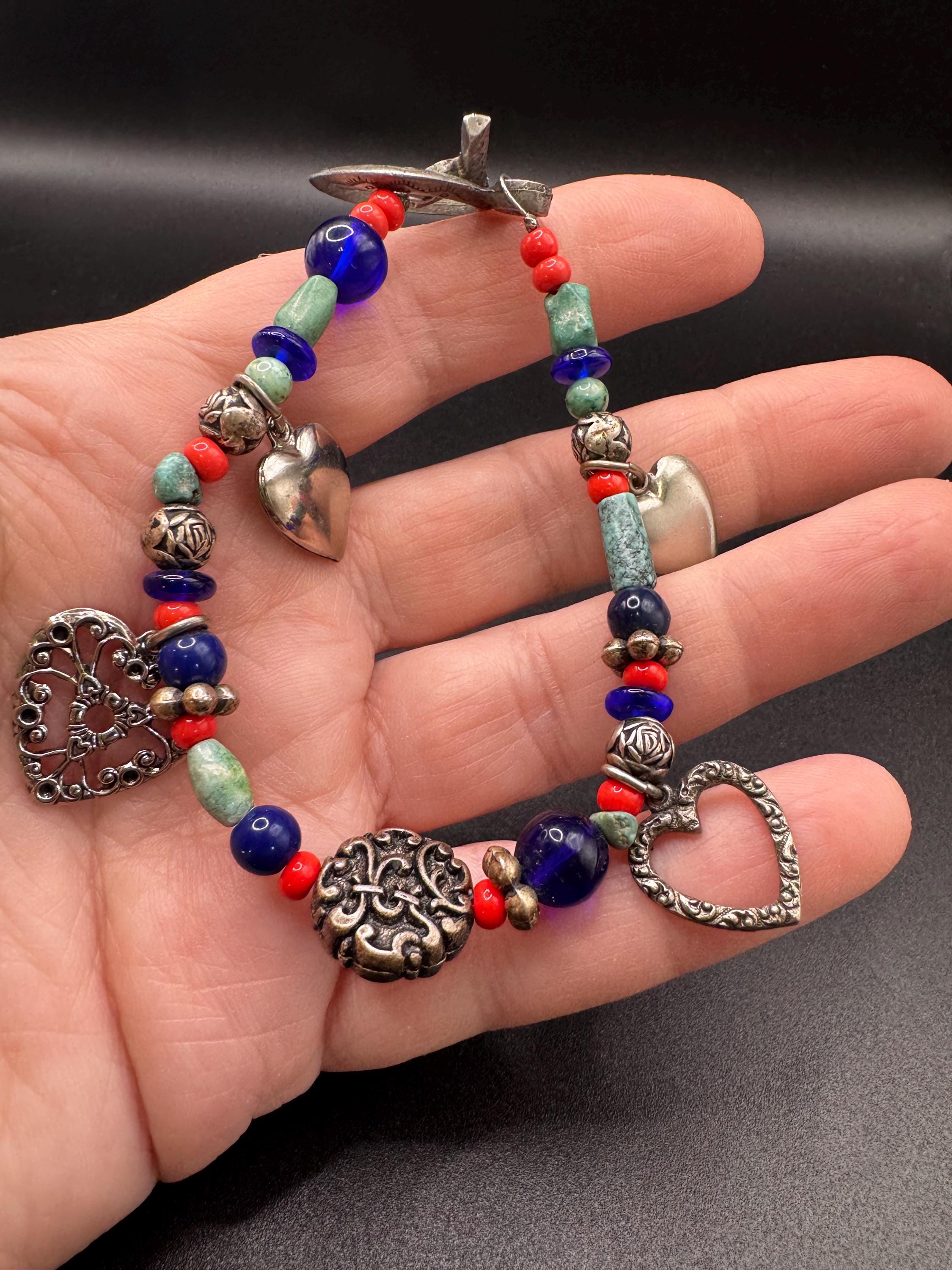 ターコイズハートチャーム ブレスレット サウスウェスタンターコイズミックスメタルハートチャームブレスレット