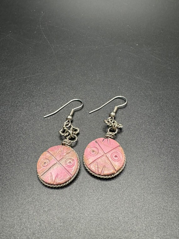 Carved Rhodonite Pink Silver Earrings - image 3