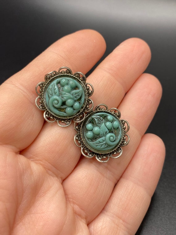 Vintage Carved Faux Turquoise Screw Back Earrings - image 2