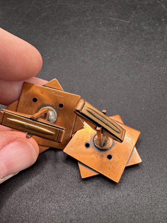 Boutons De Manchette Vintage En Cuivre Et émail - Style Milieu De Siècle