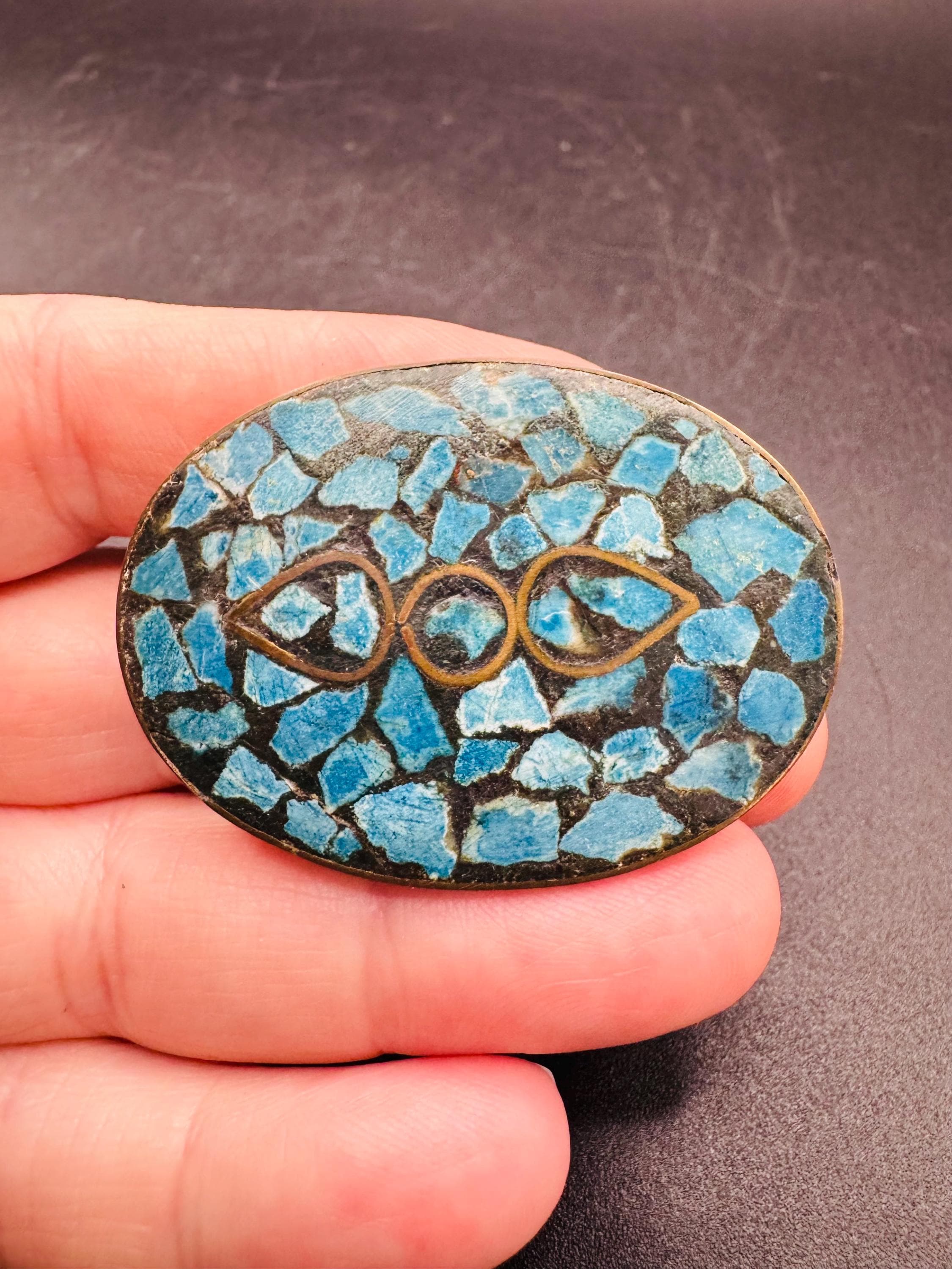 アンティークインド象嵌真鍮ターコイズブルーストーンブローチC