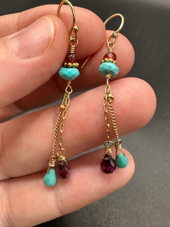 Gold vermeil Turquoise and Garnet Earrings - image 8