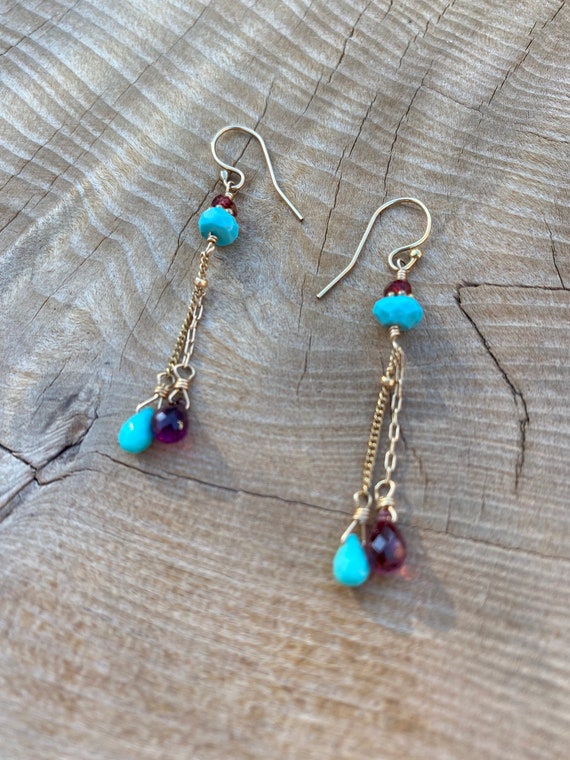 Gold vermeil Turquoise and Garnet Earrings - image 7