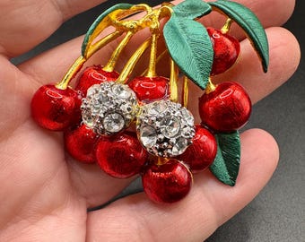 Large Red Enamel Cherries Rhinestone Brooch - Etsy