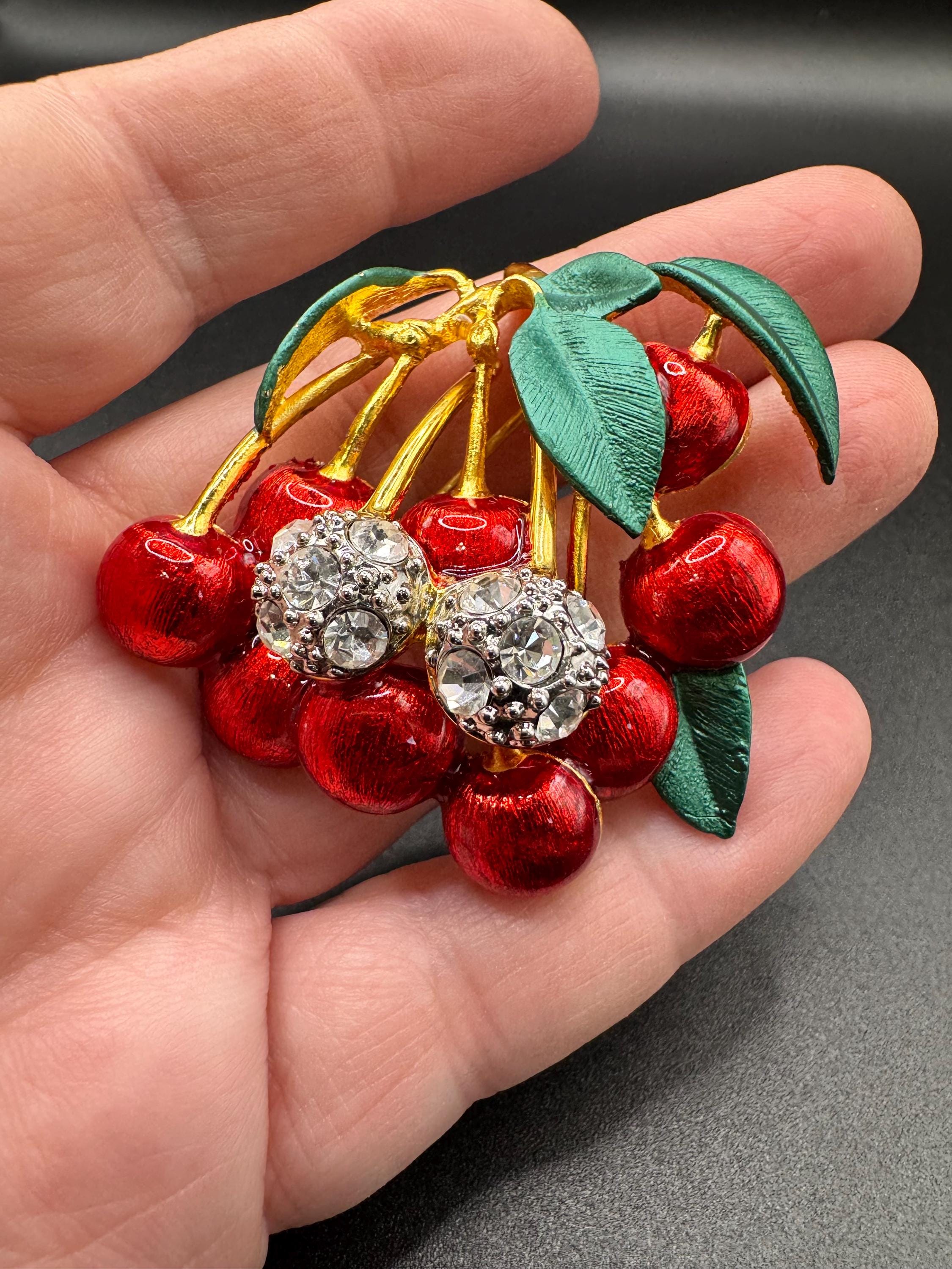 Large Red Enamel Cherries Rhinestone Brooch - Etsy