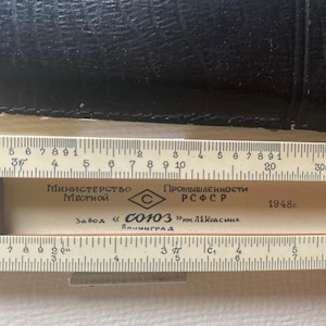 Vintage wooden engineer scale, antique logarithmic ruler, in case, made in the USSR, 1947