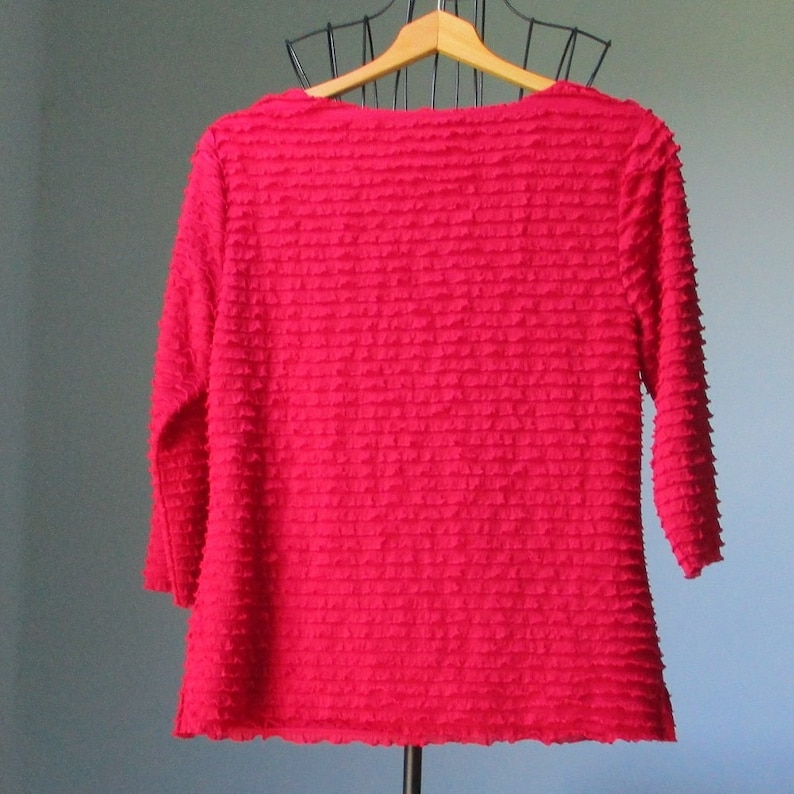 Coldwater Creek top S 6-8 red polyester spandex lined knit ruffles frills fancy