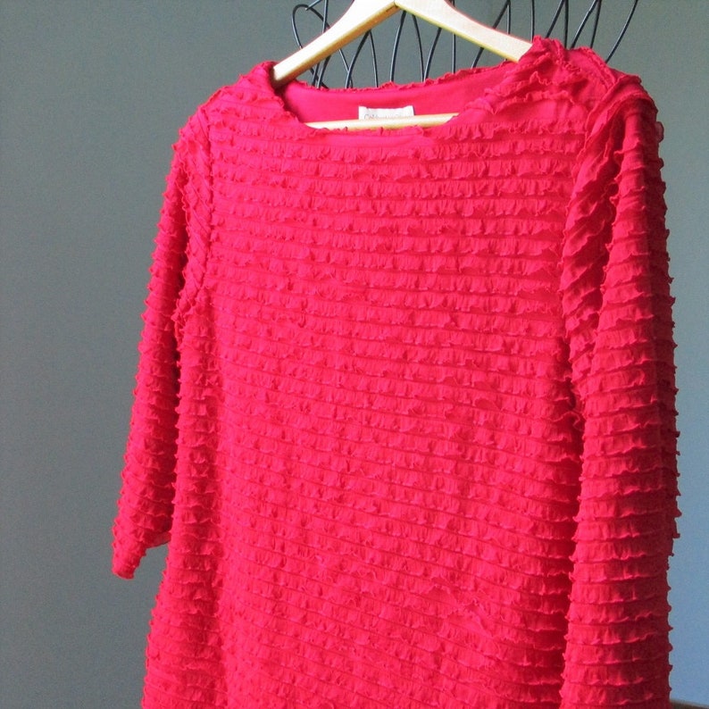 Coldwater Creek top S 6-8 red polyester spandex lined knit ruffles frills fancy