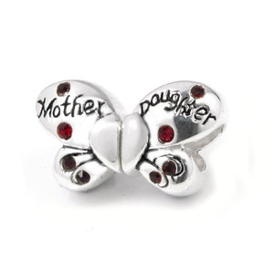 925 Sterling Silver Butterfly Mother Daughter Love Heart Red CZ European Bead Charm - 1PC