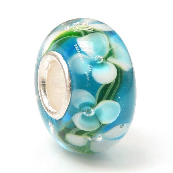 925 Sterling Silver Turquoise Hawaii Flower Glass European Bead Charm - 1PC