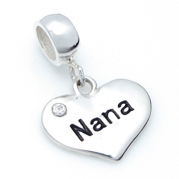 925 Sterling Silver Nana Heart Love CZ Crystal Dangle European Bead Charm - 1PC