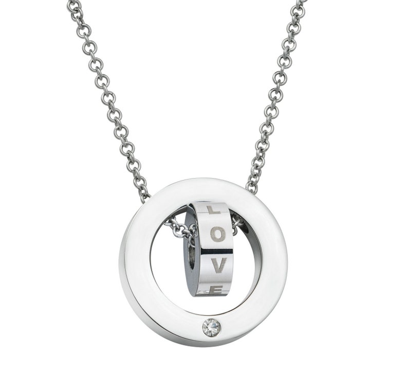 Personalized Dual Ring Love Dangle Charm Rolo Chain Necklace Laser-engraving Name Customize Name