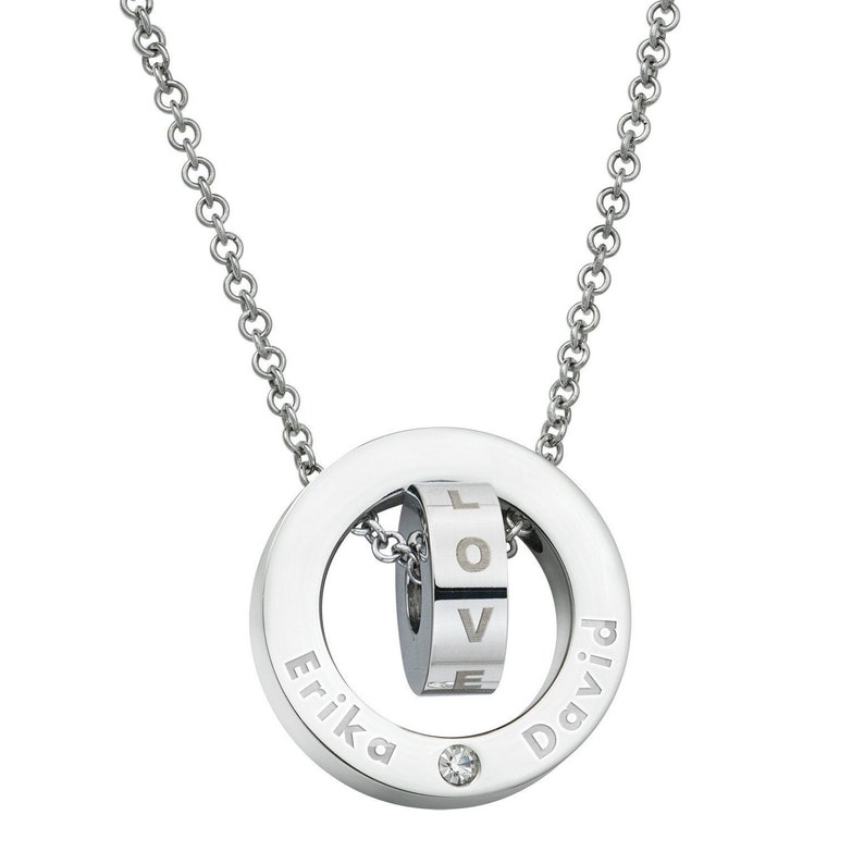 Personalized Dual Ring Love Dangle Charm Rolo Chain Necklace Laser-engraving Name Customize Name