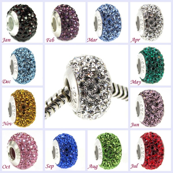 925 Sterling Silver ROUND BIRTHSTONE Encrusted Crystals Bead Charm - 1PC