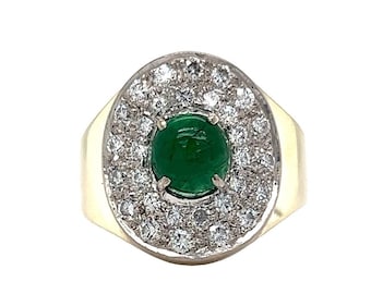 Vintage Mid-Century Smaragd & Diamant Cabochon Cocktail Ring aus 14k Gold