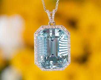 71.80 Carat Emerald Cut Aquamarine & Diamond Pendant Necklace in 14K White Gold