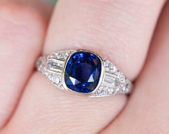 Art Deco 2.02 Sapphire and Diamond Engagement Ring in Platinum
