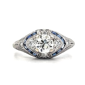Art Deco Diamond & Sapphire Engagement Ring in Platinum