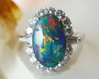 Mid-Century Australian Black Opal & Diamond Ring in Platinum