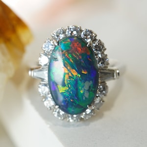 Mid-Century Australian Black Opal & Diamond Ring in Platinum