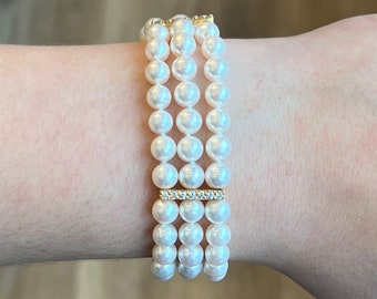 Diamond Station Pearl Bracelet in 14k Yellow Gold