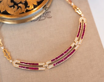 Emerald Cut Ruby & Diamond Necklace in 14k Yellow Gold