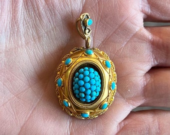 Victorian Ornate Turquoise Antique Cluster Pendant in 18k Yellow Gold