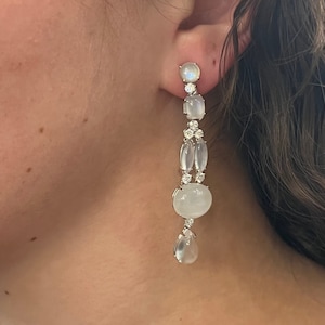 Moonstone & Diamond Drop Earrings in 18k White Gold image 1